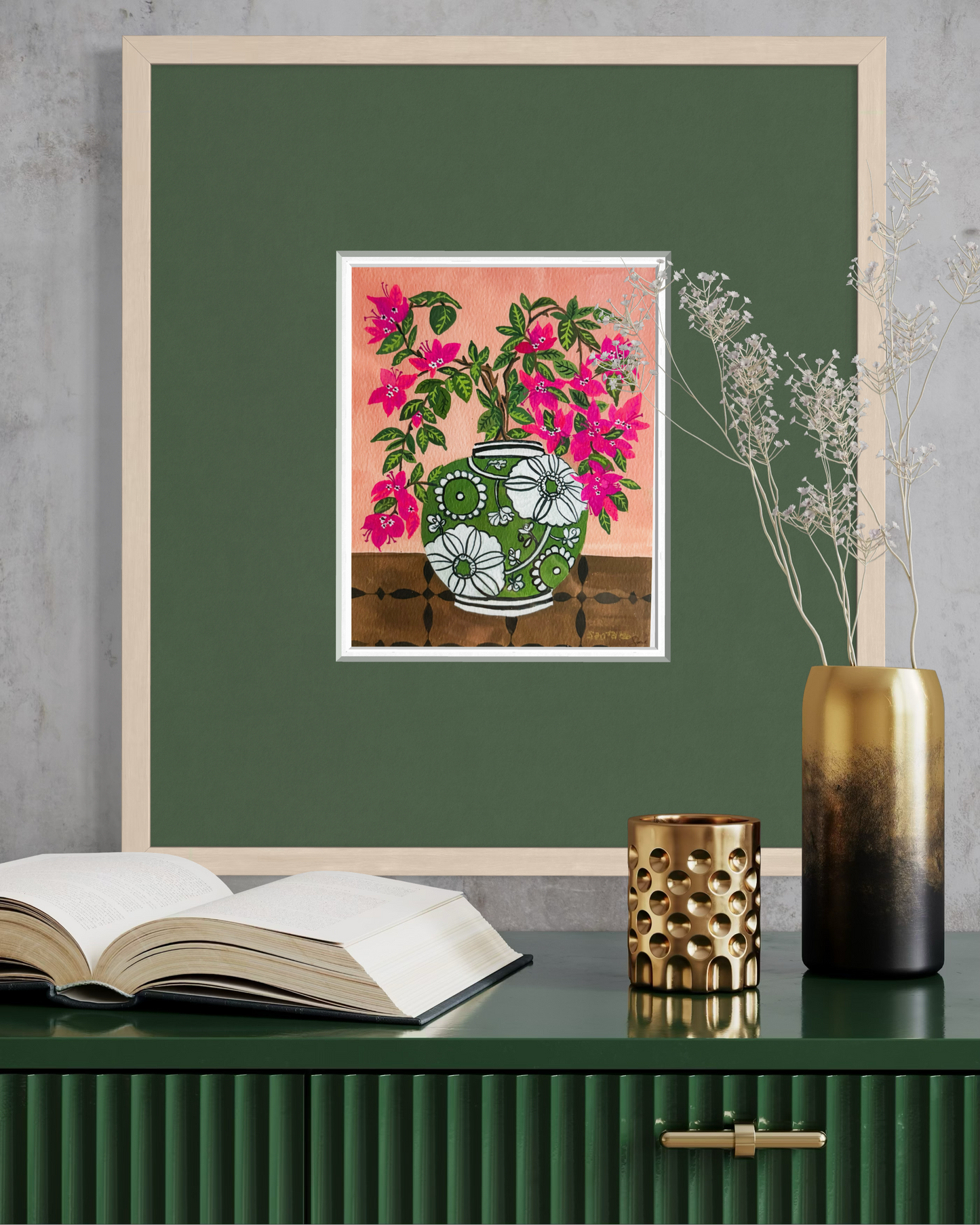 Bougainvillea In Chinoiserie Vase Gouache Print
